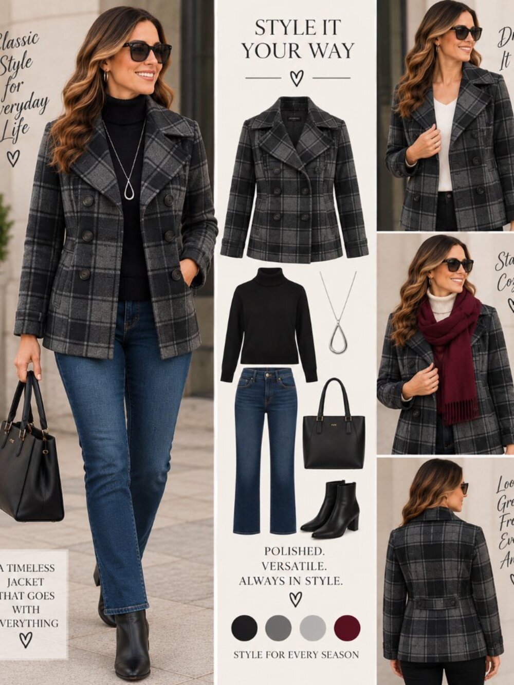 Old Navy Black & Gray Plaid Pea Coat – Size Small